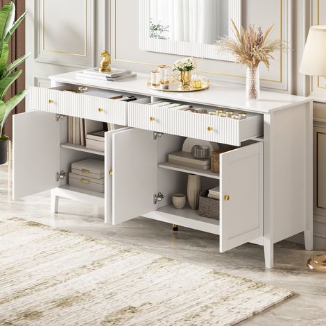 Buffet blanc élégant avec 2 tiroirs, 4 portes, poignées dorées et grand rangement pour cuisine, salle à manger ou salon