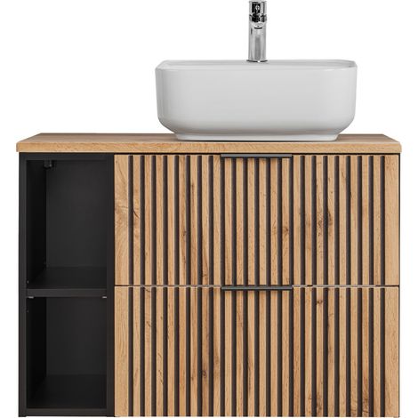 Waschbeckenunterschrank mit Aufsatzwaschbecken und Regal 80 cm breit XANTEN-56 in anthrazit mit Eiche Nb. schwarz gerillt, B/H/T: ca. 80,6/73,2/46,5 cm (1/5)