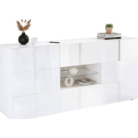 Dmora - Kommode Comelico, Wohnzimmerbuffet, Wohnzimmer-Sideboard, Moderne Küchen-Speisekammer, Made in Italy, 181x43 h84 cm, Glänzendes Weiß
