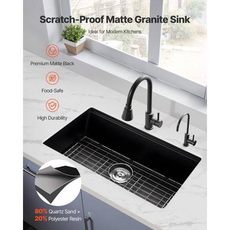 Évier de Cuisine Moderne en Granit de 76,2 cm, Évier sous Plan à Large Cuve Simple, Bac à Laver avec Accessoires Multiples, Nettoya… (1/5)