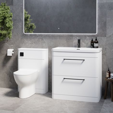 Oslo Gloss White 1350mm Vanity Unit Toilet Suite with Fina Basin - 1350mm - Matt Black 320mm HandleWith Jubilee Toilet Pan and Seat