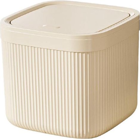 Papelera de escritorio, Papelera, Mini papelera, Papelera pequeña con tapa abatible, Papelera cuadrada con rayas, fregaderos, etc, Beige (1/5)