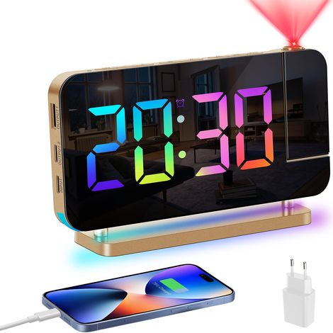 Reveil Projecteur Plafond: Projection Réveil Numérique Enfant Ado, LED Reveil Lumiere du Jour, Chargeur, Snooze, 11RGB Gros Chiffres, 10 Veilleuse, 5 Brightness, Alarm Clock Garcon Fille (1/5)
