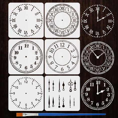 6Pcs Pochoir de Peinture de Cadran D'Horloge Avec Un Pinceau Pochoir Horloge à Chiffres Romains 30x30cm Modèle de Dessin D'Horloge Pochoirs pour Bois Toile Papier Tissu Étage Mur (1/5)