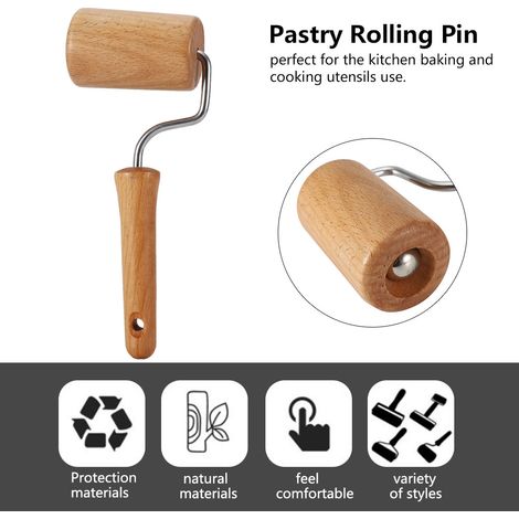 Rouleau à pâtisserie en bois massif, rouleau à pâte à pizza et raviolis avec poignée, rouleau à pâtisserie (1/5)