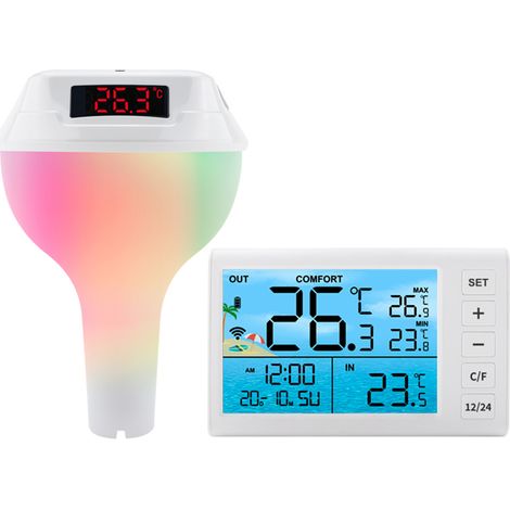 Solar-Powered Pool Thermometer with RGB Ambient Lighting, Pool Temperature Sensor, Comfort Indicator, RGB Floating Light, Max/Min Records, Indoor Temperature Monitor, Time/Date Display, Child Lock (1/5)