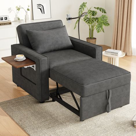 Canapé convertible 1 place en tissu côtelé gris avec USB, Type-C et tablette, 93x150x85 cm (1/5)