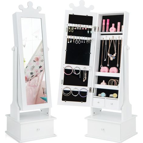 COSTWAY Armario de Joyería para Niños con Espejo y 3 Cajones, 2 Ángulos de Inclinación Ajustables y Sistema Antivuelco, Espejo Vestidor con Forma de Corona para Niños de 3+ Años (Blanco)