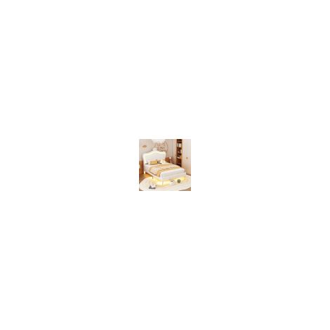 Lit enfant capitonné 90 x 200 cm, cadre de lit pour filles, cadre de lit double blanc en cuir PU avec lumières LED, sommier à lattes et dossier (matelas non inclus)