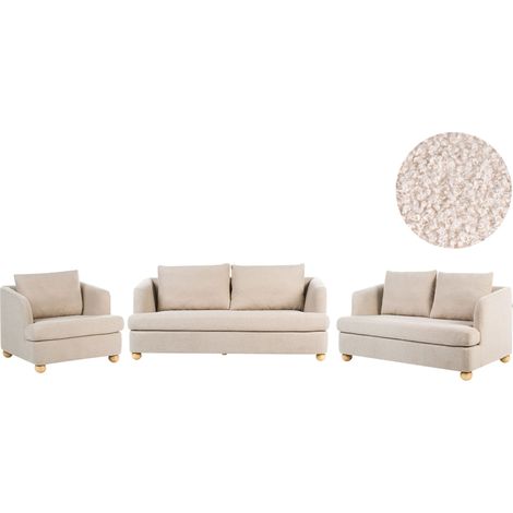 Ensemble de Salon 6 Places Rembourré Tissu Bouclé avec Accoudoirs et Pieds Ronds en Bois Canapés avec Fauteuil Salon Beige Rattvik