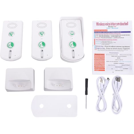 Campanello senza fili ricaricabile a lungo raggio per casa e ufficio. Comunicazione bidirezionale in tempo reale. Colore bianco. (1/5)