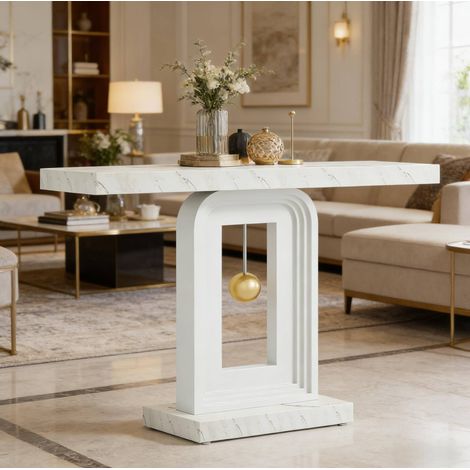 Console 100 cm blanche en marbre et MDF avec base géométrique (1/5)