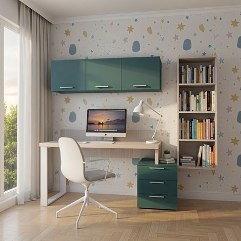 Angolo libreria design con cubotti e cassettiera - Soluzione moderna e salvaspazio - Rovere rock e verde petrolio