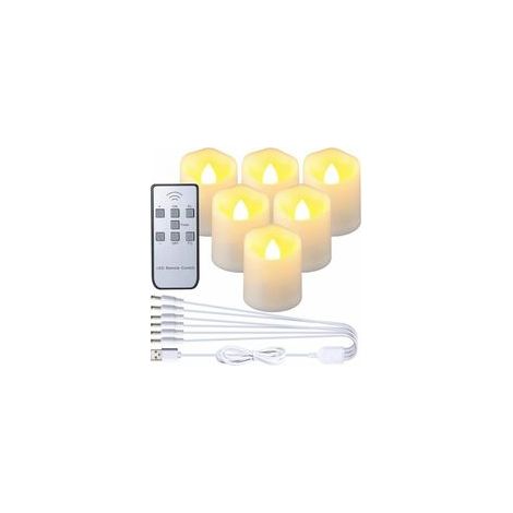 Juego de 6 velas LED recargables: velas sin llama con efecto parpadeante y control remoto, cable de carga USB y temporizador de 6 horas.