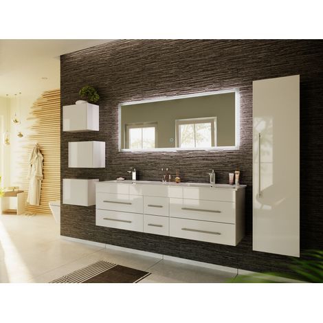 Badmöbelset Roma XL 4-teilig LED-Spiegel Hochschrank 3er Boxen weiss hochglanz