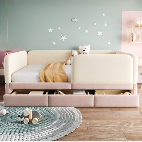 Cama infantil 140 x 200 cm con cajones de almacenaje, terciopelo beige y rosa DESVIAE (1/5)