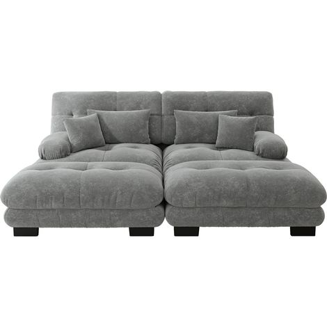 CAIziCanapé d’angle cloud chenille gris 2 coussins lombaires 2 ottomans (1/5)