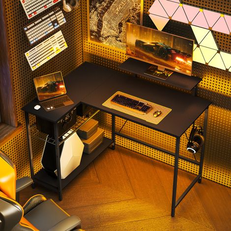 Bureau gaming réversible, bureau gaming d'angle, support pour écran, étagère en maille réglable, 114,5x82x91,5cm, noir (1/5)