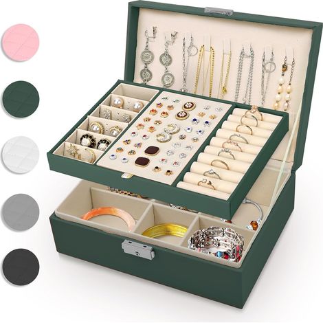 Boîte à Bijoux pour Femme, 2 Couches Grand Boite a Bijoux Fille de Voyage Étui en Cuir PU pour Bagues, Bracelets, Boucles d'oreilles, Colliers,Vert (1/5)