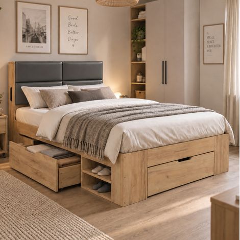 Cama individual 90x200 cm de MDF natural con almacenaje y puertos USB, sin colchón – MEUBLIV (1/5)