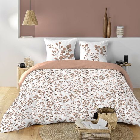 Housse de couette 200 x 200 cm MAIWENA Mocha + 2 taies – Coton 57 fils – Imprimé végétal