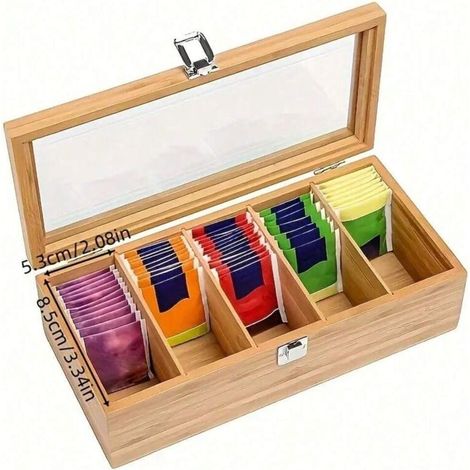 Boîte de rangement pour sachets de thé en bambou, 1 pièce - Armoire à thé multifonctionnelle avec étagères pour ranger les sachets de café et de thé, organiseur de rangement de table, boîte de présent (1/4)