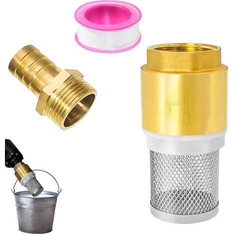 Clapet Anti Retour, 1" Vanne Non Retour Pompe, Filtre en Acier Inoxydable, Laiton Crépine Aspiration, avec Raccord Mâle 1" et Ruban Brut, pour Tuyau D'aspiration, Pompe (1/5)