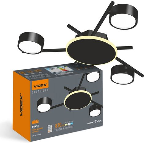 Plafonnier noir moderne 46 cm 3xGX53 30W avec rétroéclairage LED 9W, couleur chaude Videx (1/5)