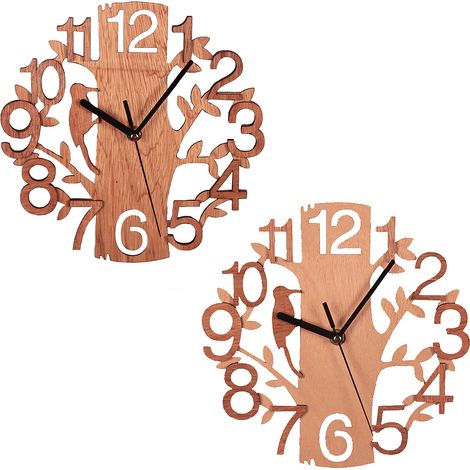 Horloge murale silencieuse double couche 3D représentant un arbre et des oiseaux, décoration intérieure créative en bois. Matériau : Bois. (1/5)