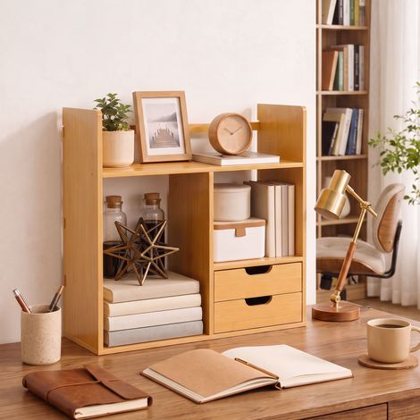 Organiseur de bureau en bambou avec 2 tiroirs, porte-documents et porte-papeterie multifonctionnel avec étagères, utilisation réversible (1/5)