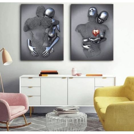 Gris Toile Art Mural Moderne Peinture 3D Abstrait Étreinte Décoration Murale Noir et Blanc Métal Peinture Sans Cadre,40x60cmx2 (1/4)
