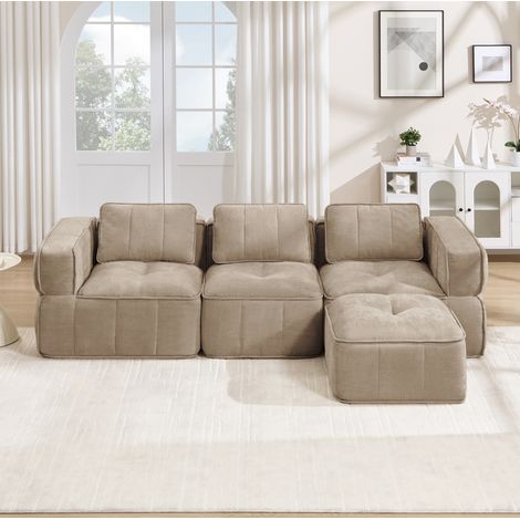 Modulares Ecksofa 271 x 162 x 67 cm aus sandfarbenem Polyester mit Hocker – MEUBLIV (1/5)