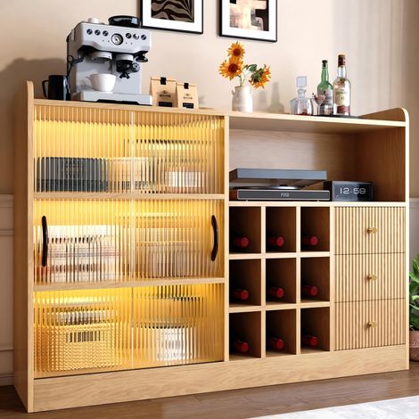 Aparador con botellero de vino 120x30x85 cm - mueble bar para salon y comedor con luces led y puertas correderas de cristal - estilo vintage moderno de madera - madera natural (1/5)