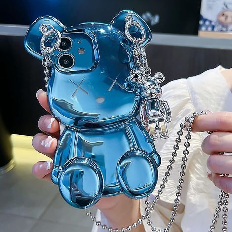 Niedliche Hülle für iPhone 11 (6,1 Zoll), glitzerndes 3D-Teddybär-Design mit Metall-Handschlaufe und Glöckchenanhänger, modisch beschichtet, aus stoßfestem, weichem TPU. (1/5)