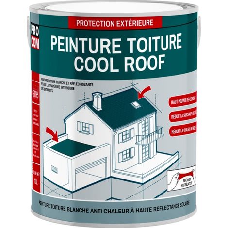 Procom – Peinture toiture anti chaleur Cool Roof – Peinture blanche réfléchissante – SRI 104 – Économie d'énergie jusqu'à 40% – Application facile