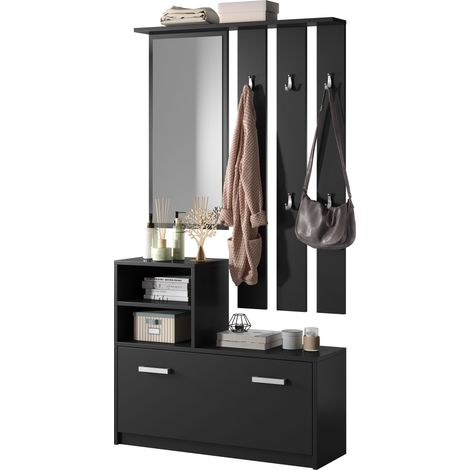 Selsey YESFIR - Garderobenset mit Schuhschrank, Spiegel, 6 Kleiderhaken und 2 offenen Fächern (Schwarz) (1/5)