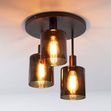 Plafonnier 3 lampes 35x40 cm en verre et métal brun