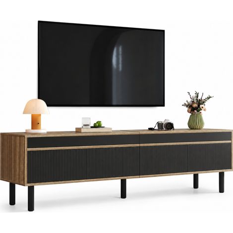 Grand rangement, meuble TV 170 cm avec 4 portes, ouverture par pression, noir et naturel, pour téléviseur (1/5)