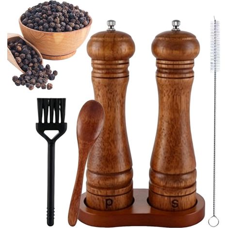 Moulin à sel et poivre manuel en bois 22 cm avec Cuillère Brosse (1/5)