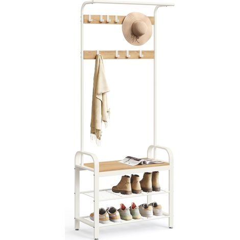 Porte-manteau avec Étagère à Chaussures, Meuble d’Entrée avec Banc, 4-en-1, 9 Crochets Amovibles, Vestiaire, 33,7 x 72 x 183 cm, Style Moderne, Couleur Boisée et Blanc HSR40W (1/5)