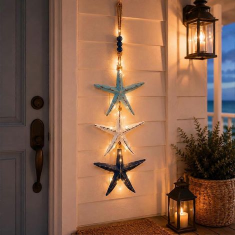 Décoration murale bois poissons étoiles de mer océanique avec lumières pour maison plage salle de bain chambre véranda (1/5)