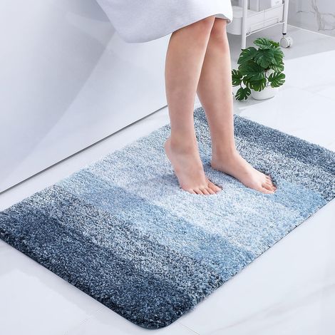 Tapis de Bain Doux, 60 x 90 cm, antidérapant, Lavable, à Poils Longs, en Microfibre Absorbant, Bleu (1/5)