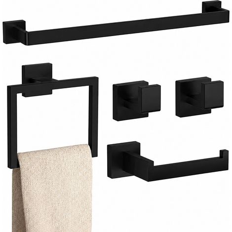Ensemble porte-serviettes 5 pièces en acier inoxydable noir, avec crochet pour manteau et porte-papier toilette. (1/5)