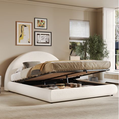 Cama con canapé Bouclé blanca con almacenamiento integrado, cabecero acolchado y somier de láminas, 180x200 cm (1/5)