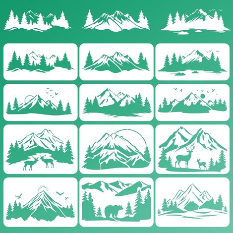 Lot de 12 pochoirs muraux réutilisables en forme de montagnes pour peinture, 30 x 18 cm, motifs forêts en ciment, 30 x 14 cm, pochoir d'art animalier pour la fabrication de cartes, meubles en (1/5)