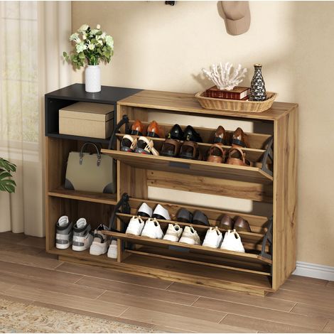 Scarpiera 120x32x84,5 cm naturale in MDF con 3 vani aperti, 2 ante a ribalta e struttura robusta (1/5)