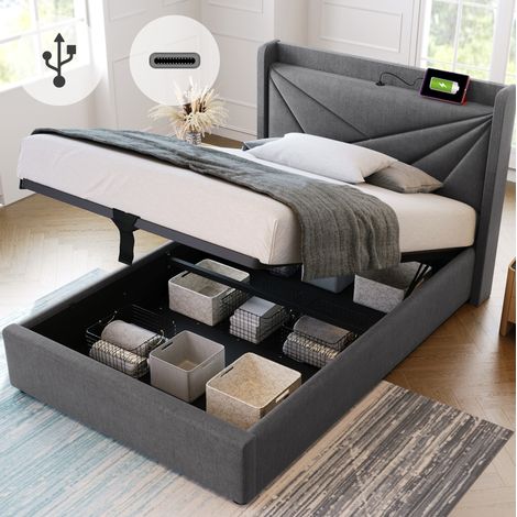 Cama individual 107/208/96 cm gris de lino de algodón con arcón y carga USB-C en cabecero (1/5)