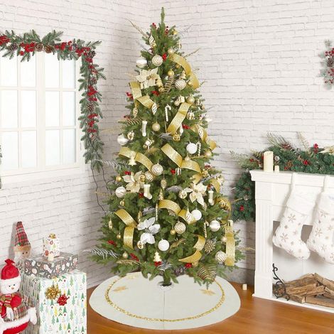 Jupe Pour Arbre De Noël - Velours Blanc Avec Flocons Dorés Et Paillettes - Pour Arbre Intérieur - 90 Cm (1/5)