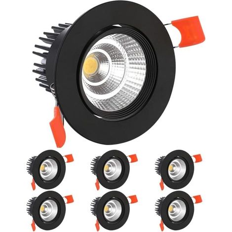 6 Pack LED Spots Encastrable, 7W COB Plafonnier Encastré Lamp,AC 220-240V,Blanc Froid 6000K,Ajuster l’angle 30°,IP44,Découpe 70-80mm,Pour salle de Salon,Couloir, bain,Cuisine(Noir) (1/5)