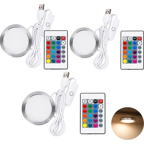 USB LED Night Light, Multi-Color Remote Control LED Light, Decorative USB Lighting for Showcase, Bookcase and Closet, Set of 3 White Round Modules (1/5)